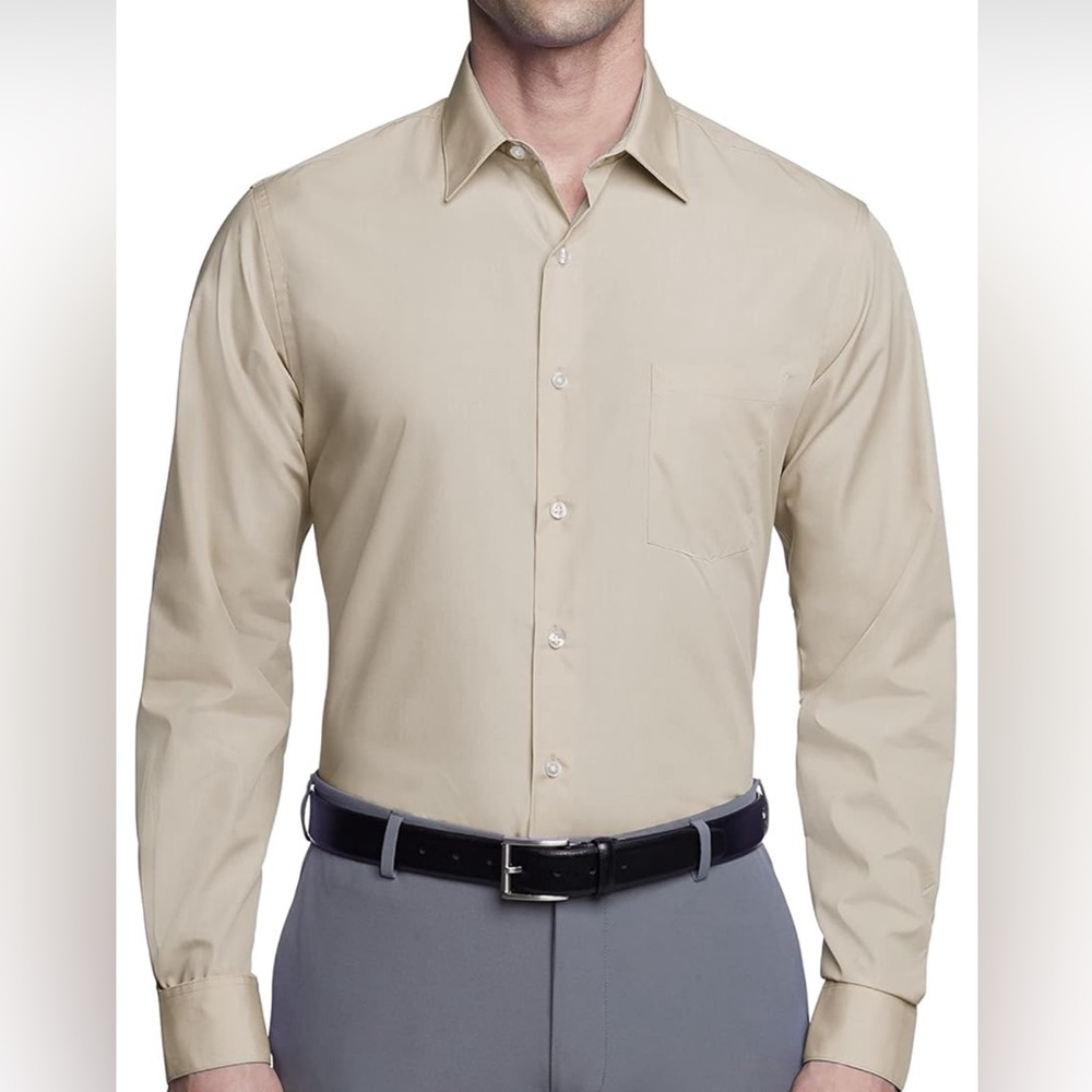Van Heusen Fitted Athletic Wrinkle Free Stone Tan Dress Shirt Size 17 34 / 35 XL